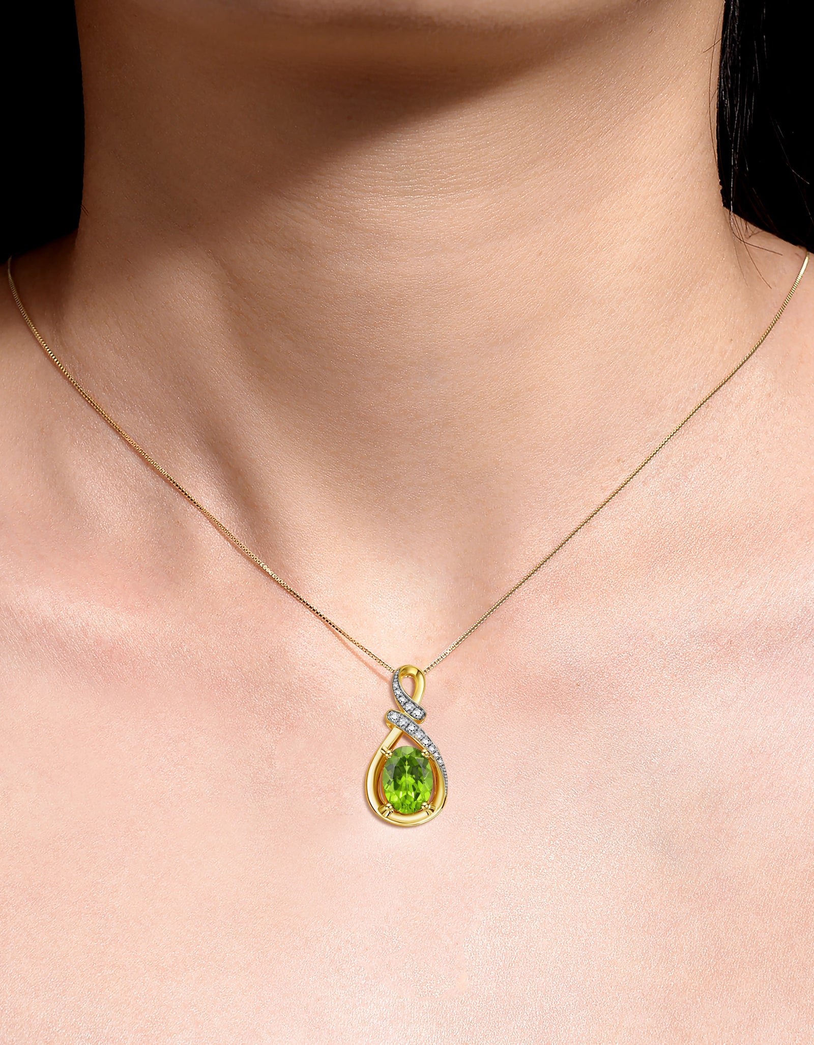 Necklaces for Women Yellow Gold Plated Silver Designer Necklace Gemstone & Genuine Diamonds Pendant 18" Chain 9X7MM Peridot August Birthstone Womens Jewelry Silver Necklace for Women