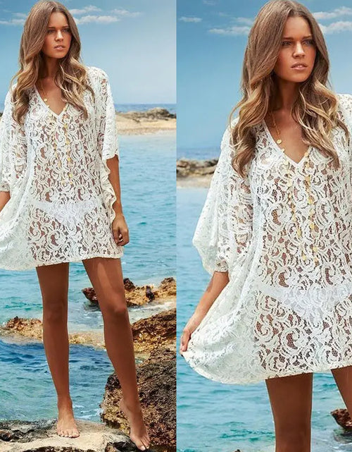 Load image into Gallery viewer, Summer Sexy Lace Crochet Beach Dress Women White See through Swimwear Swimsuit Cover up Mini Dresses
