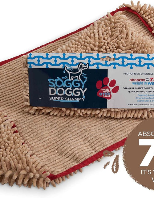 Load image into Gallery viewer, Soggy Doggy Super Shammy Dog Towel, Washable Microfiber Dog Towels for Drying Dogs and Cleaning Paws, Fast-Drying Dog Bath Towel with Hand Pockets, Beige/Red Trim, 31 X 14 Inches
