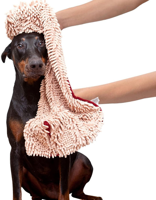 Load image into Gallery viewer, Soggy Doggy Super Shammy Dog Towel, Washable Microfiber Dog Towels for Drying Dogs and Cleaning Paws, Fast-Drying Dog Bath Towel with Hand Pockets, Beige/Red Trim, 31 X 14 Inches
