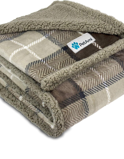 Load image into Gallery viewer, Waterproof Dog Blanket for Bed, Couch, Sofa | Waterproof Dog Bed Cover for Large Dogs, Puppies | Checkered Sherpa Fleece Pet Blanket Furniture Protector | Reversible | 80 X 60 (Taupe)
