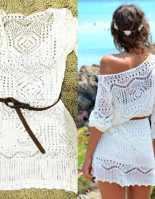 Load image into Gallery viewer, Summer Sexy Lace Crochet Beach Dress Women White See through Swimwear Swimsuit Cover up Mini Dresses
