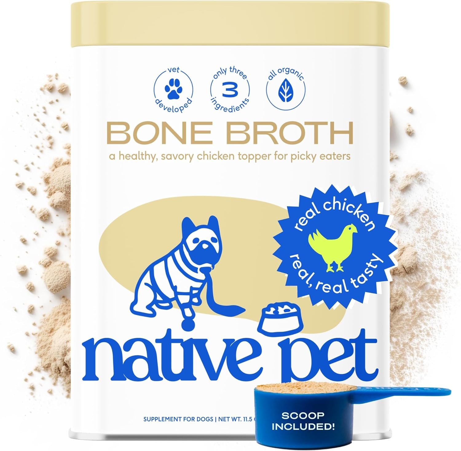 Bone Broth for Dogs and Cats – Dog Bone Broth Powder for Dog Food Topper for Picky Eaters – Cat and Dog Broth - Dog Gravy Topper for Dry Food – Chicken Broth for Dogs and Cast – 11.5 Oz