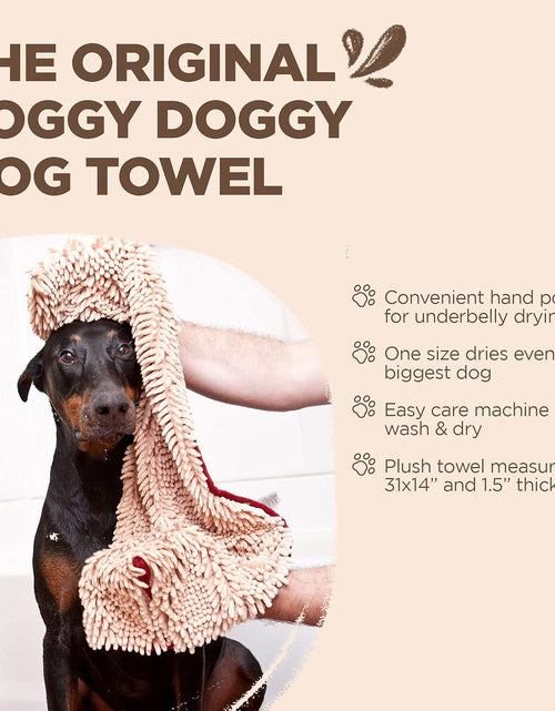 Load image into Gallery viewer, Soggy Doggy Super Shammy Dog Towel, Washable Microfiber Dog Towels for Drying Dogs and Cleaning Paws, Fast-Drying Dog Bath Towel with Hand Pockets, Beige/Red Trim, 31 X 14 Inches

